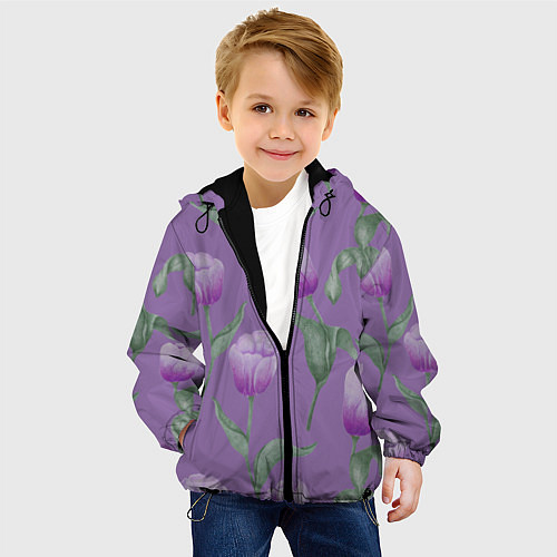 Детская куртка Фиолетовые тюльпаны с зелеными листьями / 3D-Черный – фото 4