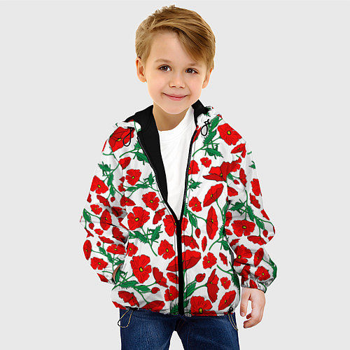 Детская куртка Цветы Красные Маки на белом фоне / 3D-Черный – фото 4