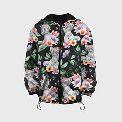 Куртка с капюшоном детская Котики в цветочках, цвет: 3D-черный