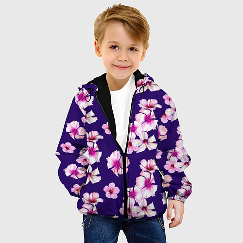 Детская куртка Цветы Розовые Гибискус На Синем Фоне / 3D-Черный – фото 4