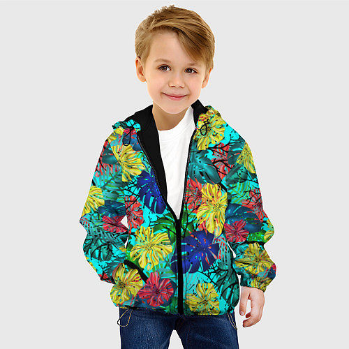 Детская куртка Тропические растения на бирюзовом фоне / 3D-Черный – фото 4