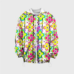 Куртка с капюшоном детская Цветочный ретро узор в неоновых тонах, цвет: 3D-белый