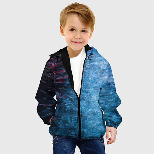Детская куртка Неоновые волны на воде - Синий / 3D-Черный – фото 4