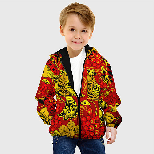 Детская куртка Хохломская Роспись Две Птици На Красном Фоне / 3D-Черный – фото 4