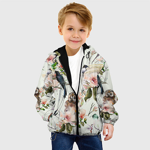 Детская куртка Цветы Нарисованные Магнолии и Птицы / 3D-Черный – фото 4