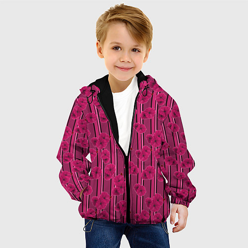 Детская куртка Малиновый полосатый узор с цветами анемонов / 3D-Черный – фото 4