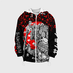 Куртка с капюшоном детская Самурай и сакура на черном фоне, цвет: 3D-белый