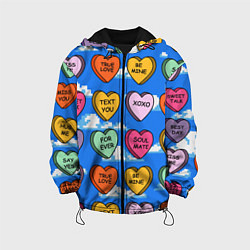 Куртка с капюшоном детская Валентинки конфетки сердечки с посланиями, цвет: 3D-черный