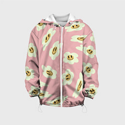 Куртка с капюшоном детская Искаженные смайлы-цветы на розовом паттер, цвет: 3D-белый