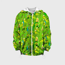 Куртка с капюшоном детская Зеленые волнистые попугайчики, цвет: 3D-белый
