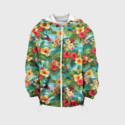 Куртка с капюшоном детская Летние гавайские цветочки, цвет: 3D-белый