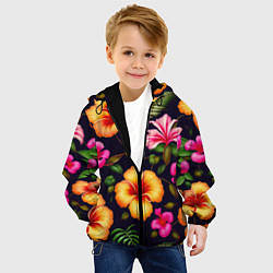 Куртка с капюшоном детская Гавайские цветы узор, цвет: 3D-черный — фото 2