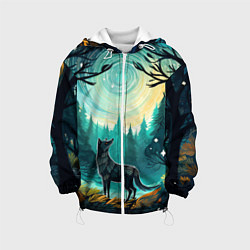 Куртка с капюшоном детская Волк в ночном лесу фолк-арт, цвет: 3D-белый