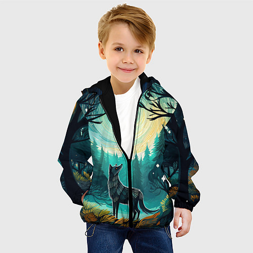 Детская куртка Волк в ночном лесу фолк-арт / 3D-Черный – фото 4