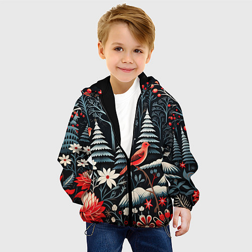 Детская куртка Новогодний лес и птицы / 3D-Черный – фото 4