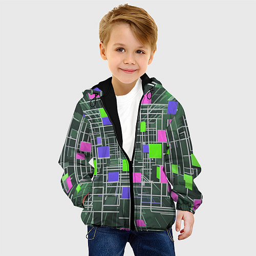 Детская куртка Белые полосы и разноцветные квадраты / 3D-Черный – фото 4