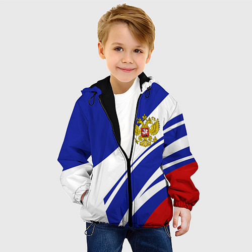 Детская куртка Герб России на абстрактных полосах / 3D-Черный – фото 4
