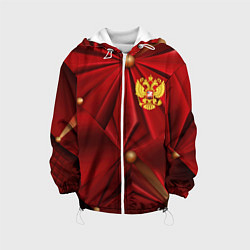 Куртка с капюшоном детская Золотой герб России на красной абстракции, цвет: 3D-белый