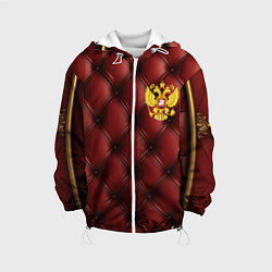 Куртка с капюшоном детская Золотой герб России на красном кожаном фоне, цвет: 3D-белый