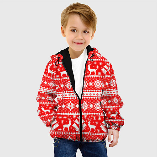 Детская куртка Новый год ели и олени на красном фоне / 3D-Черный – фото 4