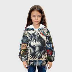 Куртка с капюшоном детская Волк на дениме Пэчворк, цвет: 3D-белый — фото 2