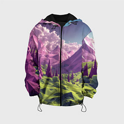 Куртка с капюшоном детская Геометрический зеленый пейзаж и фиолетовые горы, цвет: 3D-черный