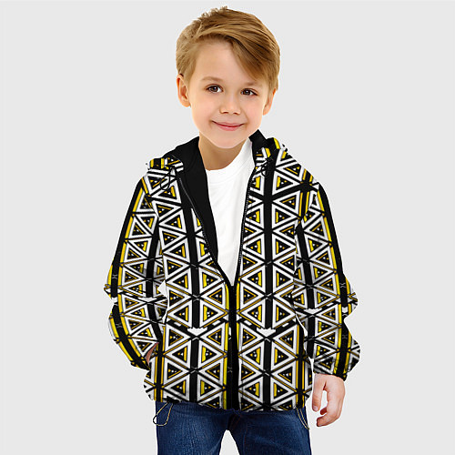 Детская куртка Жёлто-белые треугольники на чёрном фоне / 3D-Черный – фото 4