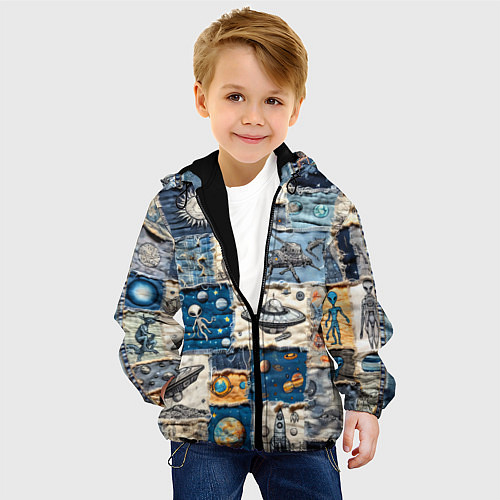 Детская куртка Джинсовый пэчворк с пришельцами / 3D-Черный – фото 4