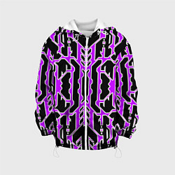 Куртка с капюшоном детская Техно фиолетовые линии с белой обводкой на чёрном, цвет: 3D-белый