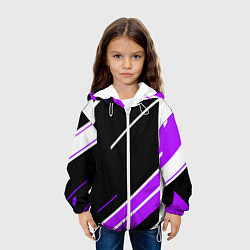 Куртка с капюшоном детская Бело-фиолетовые полосы на чёрном фоне, цвет: 3D-белый — фото 2