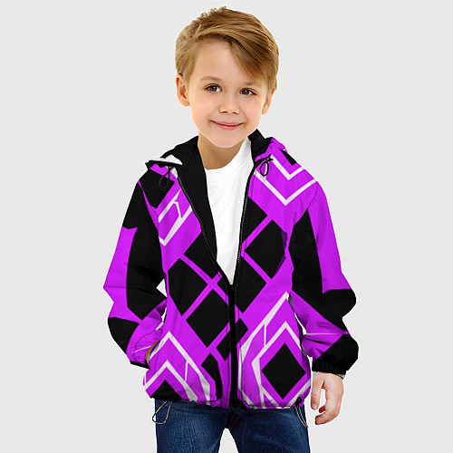 Детская куртка Чёрные квадраты и белые полосы на фиолетовом фоне / 3D-Черный – фото 4