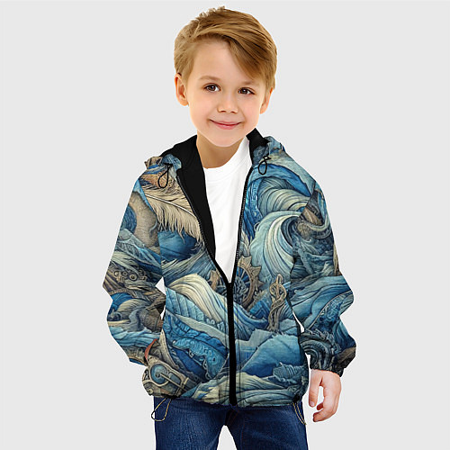 Детская куртка Паттерн из перьев и джинсы - нейросеть / 3D-Черный – фото 4