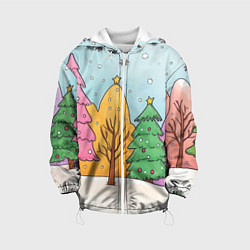 Куртка с капюшоном детская Разноцветные елочки и деревья, цвет: 3D-белый