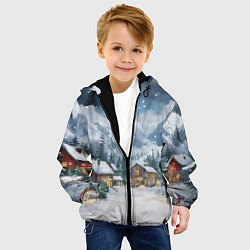 Куртка с капюшоном детская Новый год - домики в горах, цвет: 3D-черный — фото 2