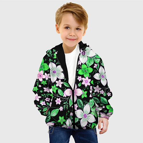 Детская куртка Зелёно-белые цветы на чёрном фоне / 3D-Черный – фото 4