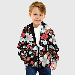Куртка с капюшоном детская Красно-белые цветы на чёрном фоне, цвет: 3D-черный — фото 2