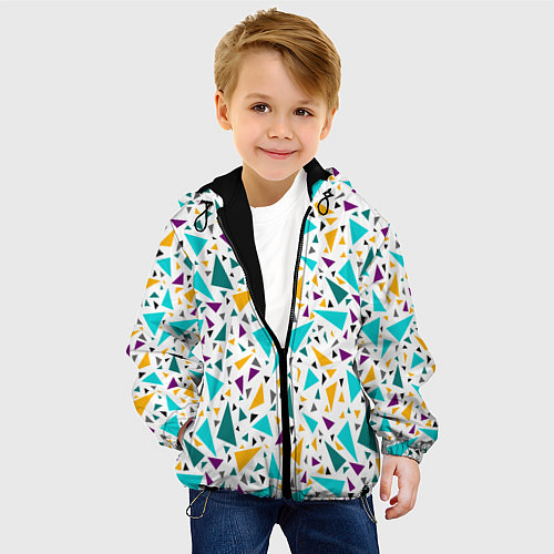 Детская куртка Бирюзовые желтые треугольники на белом / 3D-Черный – фото 4