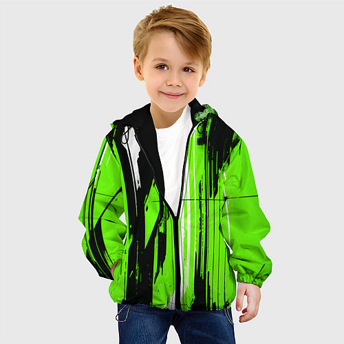 Детская куртка Вертикальные чёрно-белые линии на зелёном фоне / 3D-Черный – фото 4