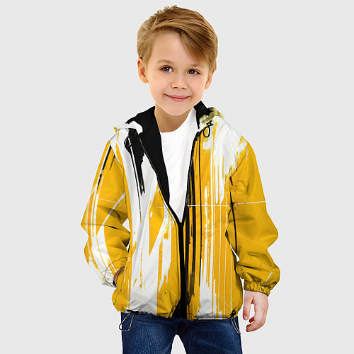 Детская куртка Вертикальные чёрно-белые линии на жёлтом фоне / 3D-Черный – фото 4