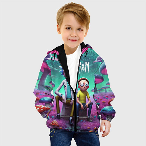 Детская куртка Рик и Морту на сказочной грибной планете - нейроар / 3D-Черный – фото 4