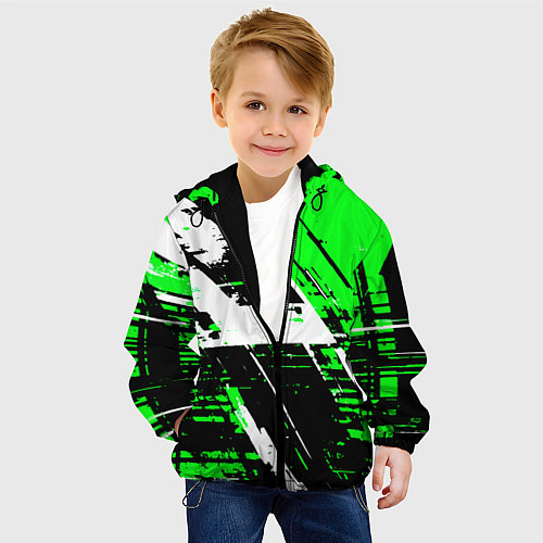 Детская куртка Diagonal black and white stripes on a green backgr / 3D-Черный – фото 4