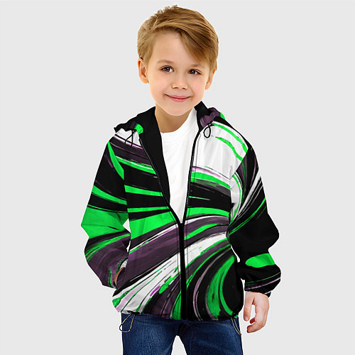 Детская куртка Волнистые чёрно-зелёные линии на белом фоне / 3D-Черный – фото 4