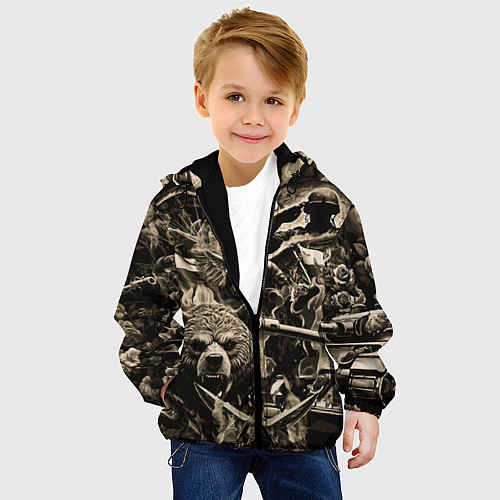 Детская куртка Медведь на фоне десантников танков и самолетов / 3D-Черный – фото 4