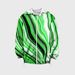 Куртка с капюшоном детская Волнистые вертикальные чёрно-зелёные полосы, цвет: 3D-белый