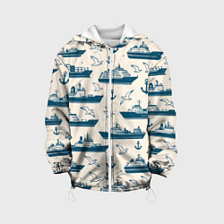 Куртка с капюшоном детская Морской паттерн из чаек, якорей и кораблей, цвет: 3D-белый