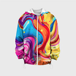 Куртка с капюшоном детская Смесь красно-жёлто-голубых масляных красок абстрак, цвет: 3D-белый