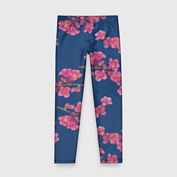 Леггинсы для девочки Веточки айвы с розовыми цветами на синем фоне, цвет: 3D-принт