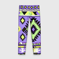 Леггинсы для девочки Геометрический сиренево желтый орнамент ацтеков, цвет: 3D-принт