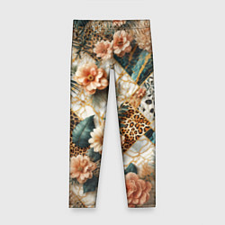 Леггинсы для девочки Цветы на кусках мрамора и леопардовом узоре, цвет: 3D-принт