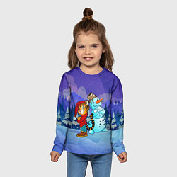 Лонгслив детский Тигр и снеговик Новогодние, цвет: 3D-принт — фото 2